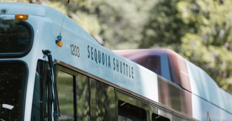 Shuttle bus serving Sequoia National Park on a sunny day, showcasing public transportation in natural surroundings.
